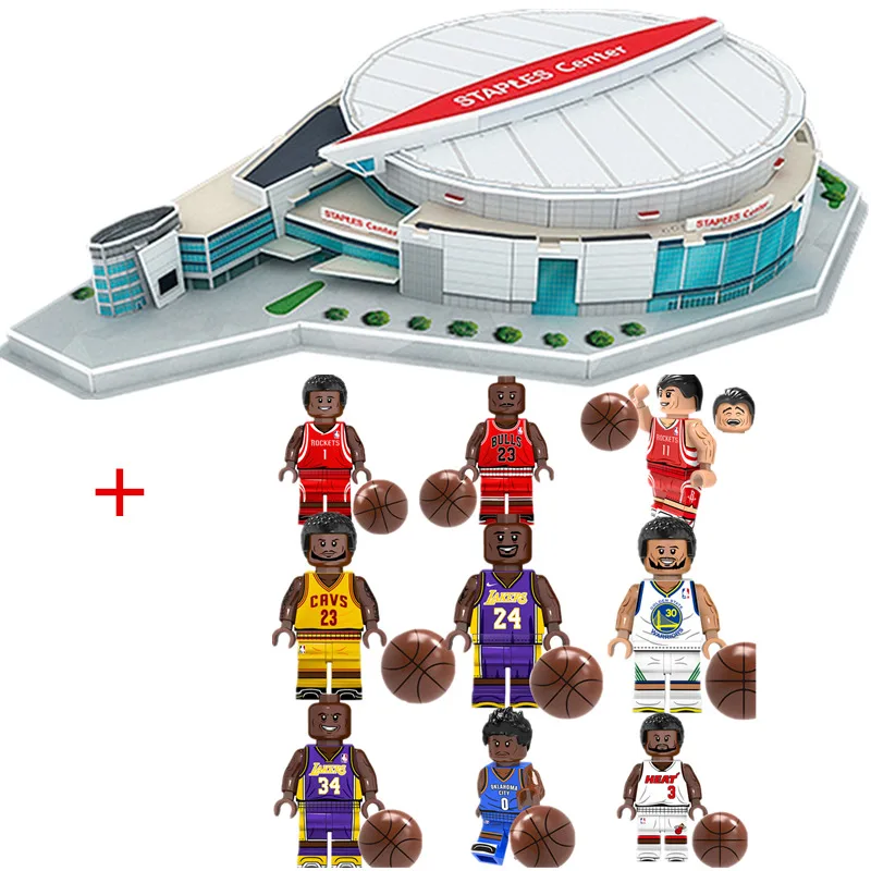 Классический пазл 3D головоломка скобы центр баскетбольные игры стадионы Lakersings DIY Строительные кирпичи игрушечные масштабные модели наборы бумаги - Цвет: Stadium and Figure