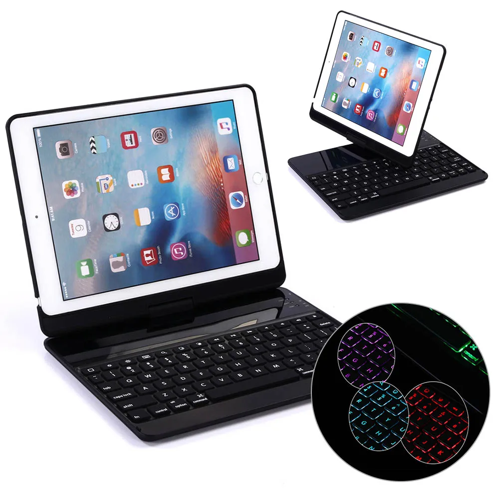 

360 Degree Rotate 7color backlit ABS plastic Bluetooth keyboard For iPad 9.7 2017 & Pro 9.7 & Air & Air 2(Universal design)