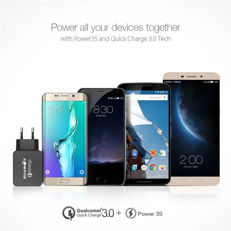 BlitzWolf QC3.0 сертифицировано 18 Вт USB зарядное устройство ЕС адаптер с Power3S Tech для Xiaomi для samsung Chagers для iPhone