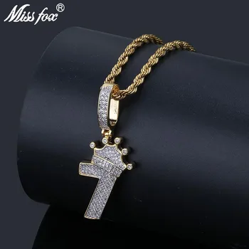 

MISSFOX Hip Hop Luxury Crown Number 7 Chunky Necklace Pendant 24K Gold Plated AAA Cubic Zirconia Iced Out Men's Gold Jewlery
