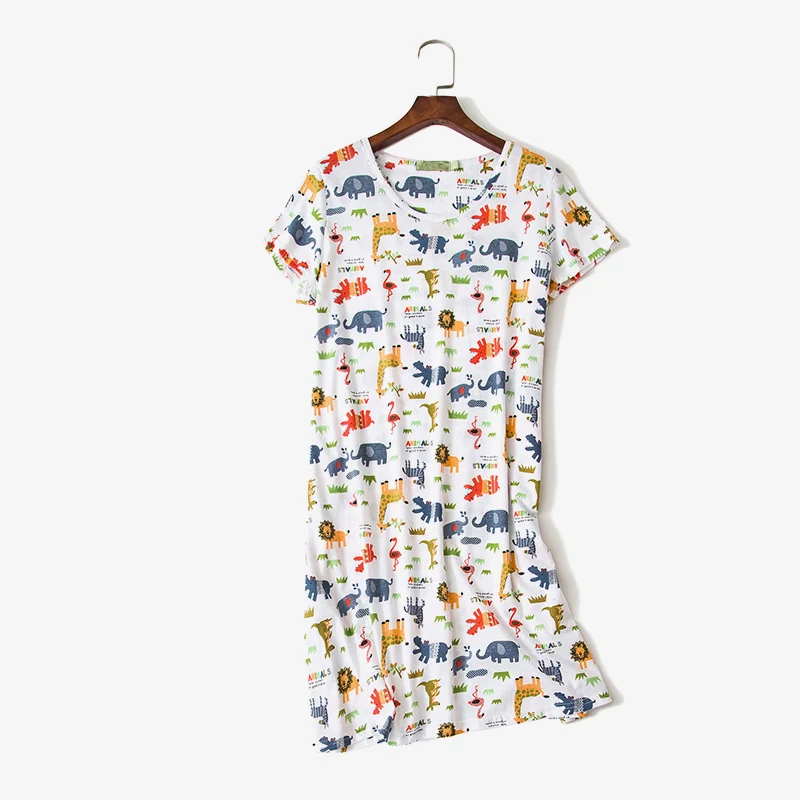 Женская ночная рубашка из хлопка с принтом с героями мультфильмов, свободная женская ночная рубашка с круглым вырезом и коротким рукавом, летняя мягкая женская ночная рубашка, домашняя одежда - Цвет: white elephant