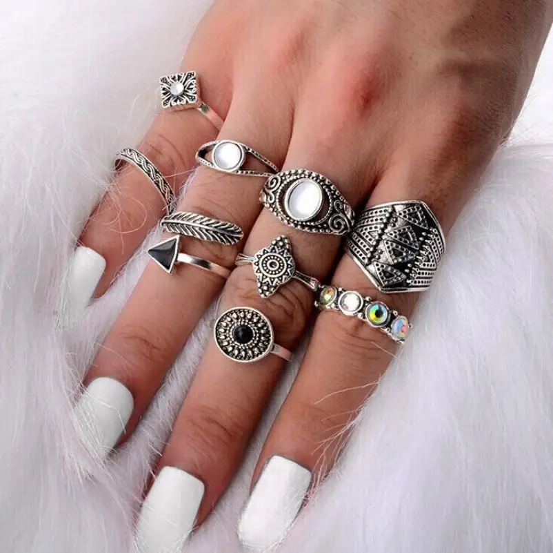 

Shellhard Charms Crystal Opal Knuckle Rings 10pcs/set Antique Color Boho Female Jewellery Charms Leaf Stone Midi Ring Sets