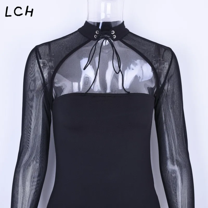 С длинным рукавом сетки Лоскутная хлопок bodycon Сексуальная Боди На Шнуровке Для женщин Сплошной Высокая средства ухода за кожей Шеи повязк