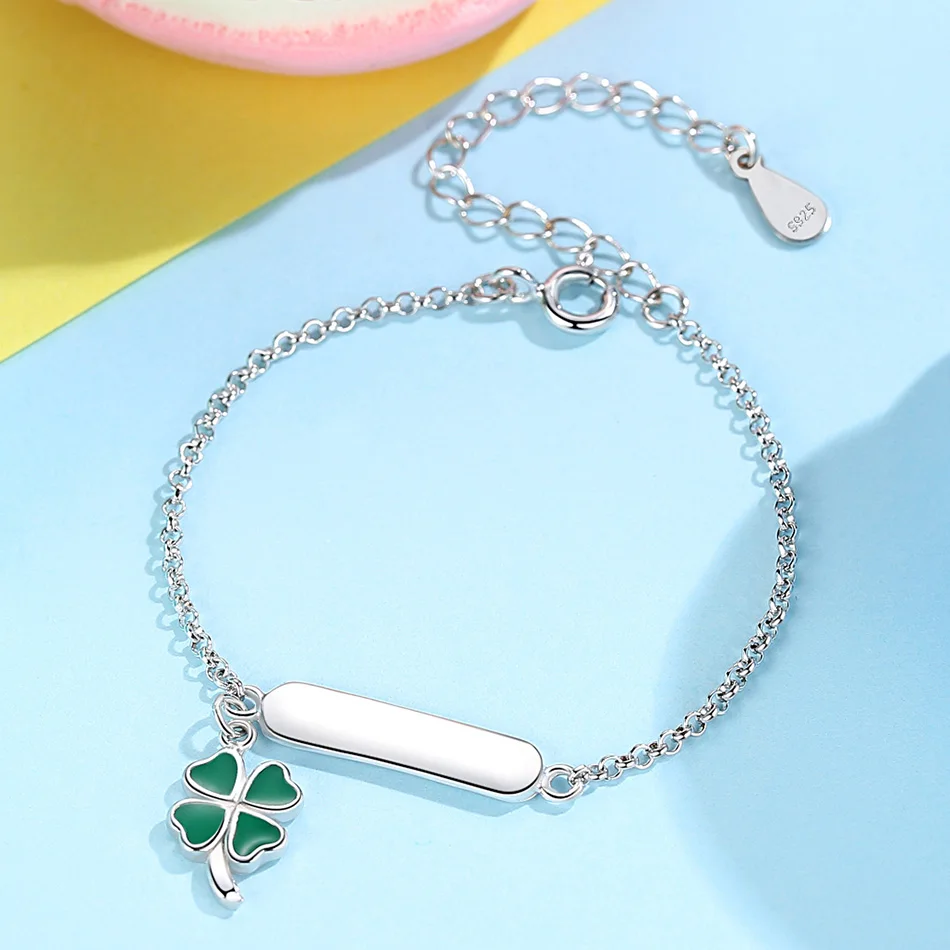 ELESHE модный 925 пробы Серебряный Зеленый браслет с клевером и браслет для девочек, детский браслет с именем на заказ, персонализированные ювелирные изделия