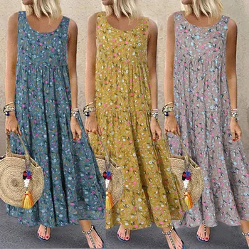 

Summer New Fashion Women Bohemian Plus Size Casual Loose Sleeveless Floral Daily Linen Print A-Line Long Maxi Dress платье Z4