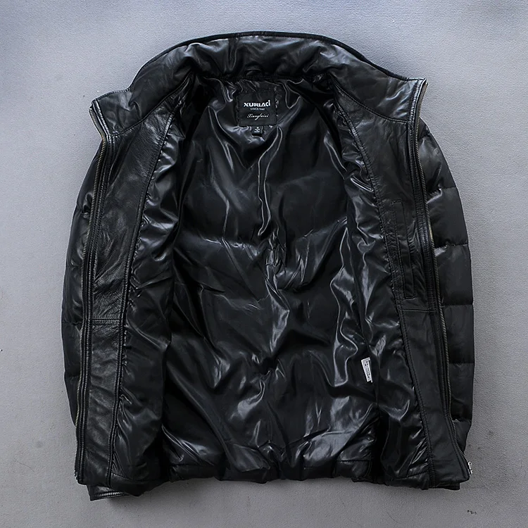 Модный Зимний пуховик, однотонная куртка из натуральной кожи, Мужская черная приталенная куртка из овчины, повседневная одежда
