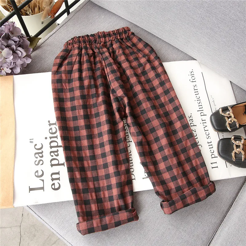 

2018 Spring Girls And Boys Fashion Loose Straight Elastic Waist Plaid Cotton Pants Kids Children Casual Wholesale Long Trousers