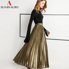 SUNJINACRO, Женская плиссированная юбка серебристого и золотого цвета, Осень-зима, с высокой талией, трапециевидные блестящие плиссированные юбки, юбка макси, Faldas Mujer Saias