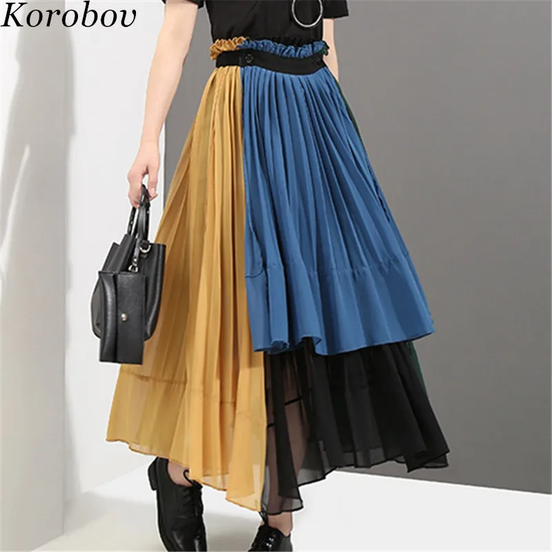 

Korobov European Hit Color Patchwork Women Skirts 2019 Summer New Fashion Panelled Chiffon Female Skirt 76971