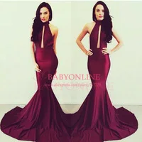 Michael Costello Real Sample Elegant Burgundy Women Evening Gowns Long High Neck Backless Mermaid Prom Dresses 2014 BO6082