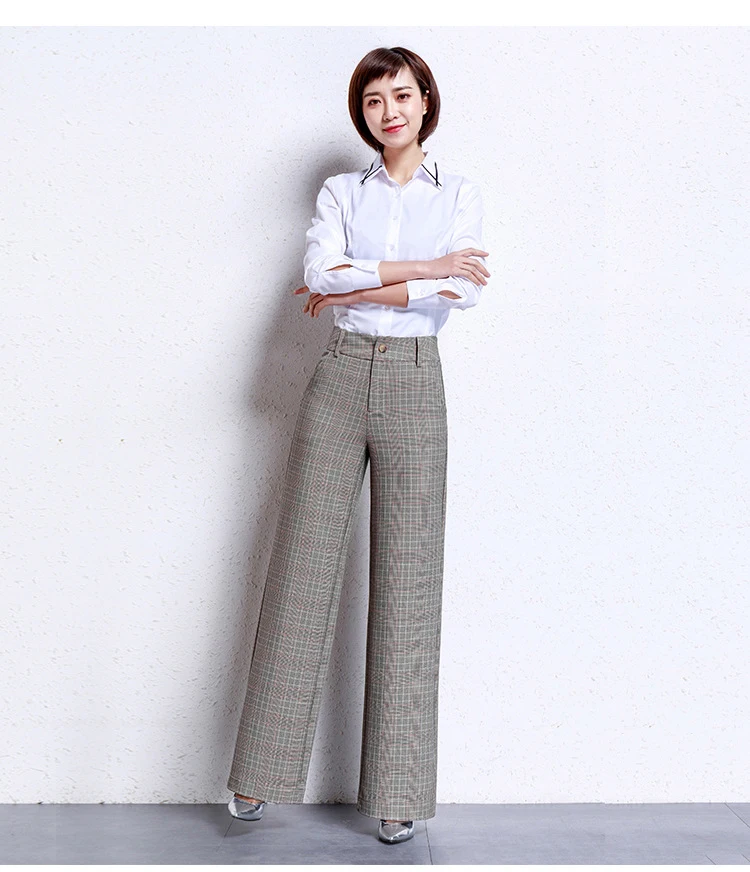 2019 новые женские клетчатые расклешенные брюки серые широкие брюки OL в Корейском стиле с высокой талией брюки деловые модные брюки в