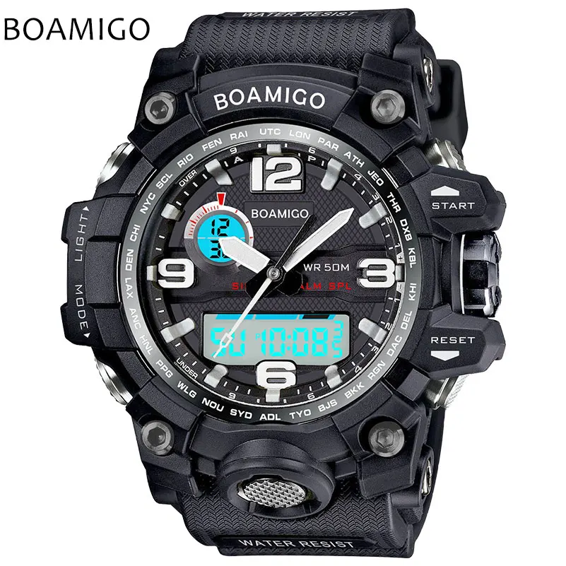 Prix pour Hommes montres de sport double affichage analogique numérique LED Électronique noir montres à quartz BOAMIGO marque 50 M de natation montre étanche Prix pour Hommes montres de sport double affichage analogique numérique LED Électronique noir montres à quartz BOAMIGO marque 50 M de natation montre étanche
