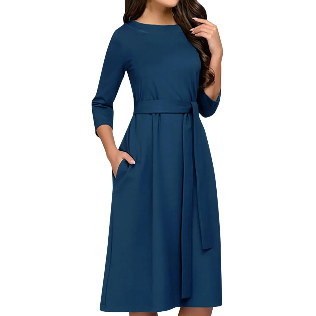 

Summer Party Dress Women Solid Pockets Three Quarter Sleeve Runway Dresses Women Clothes 2019 Formal Dress Women Elegant Dresses