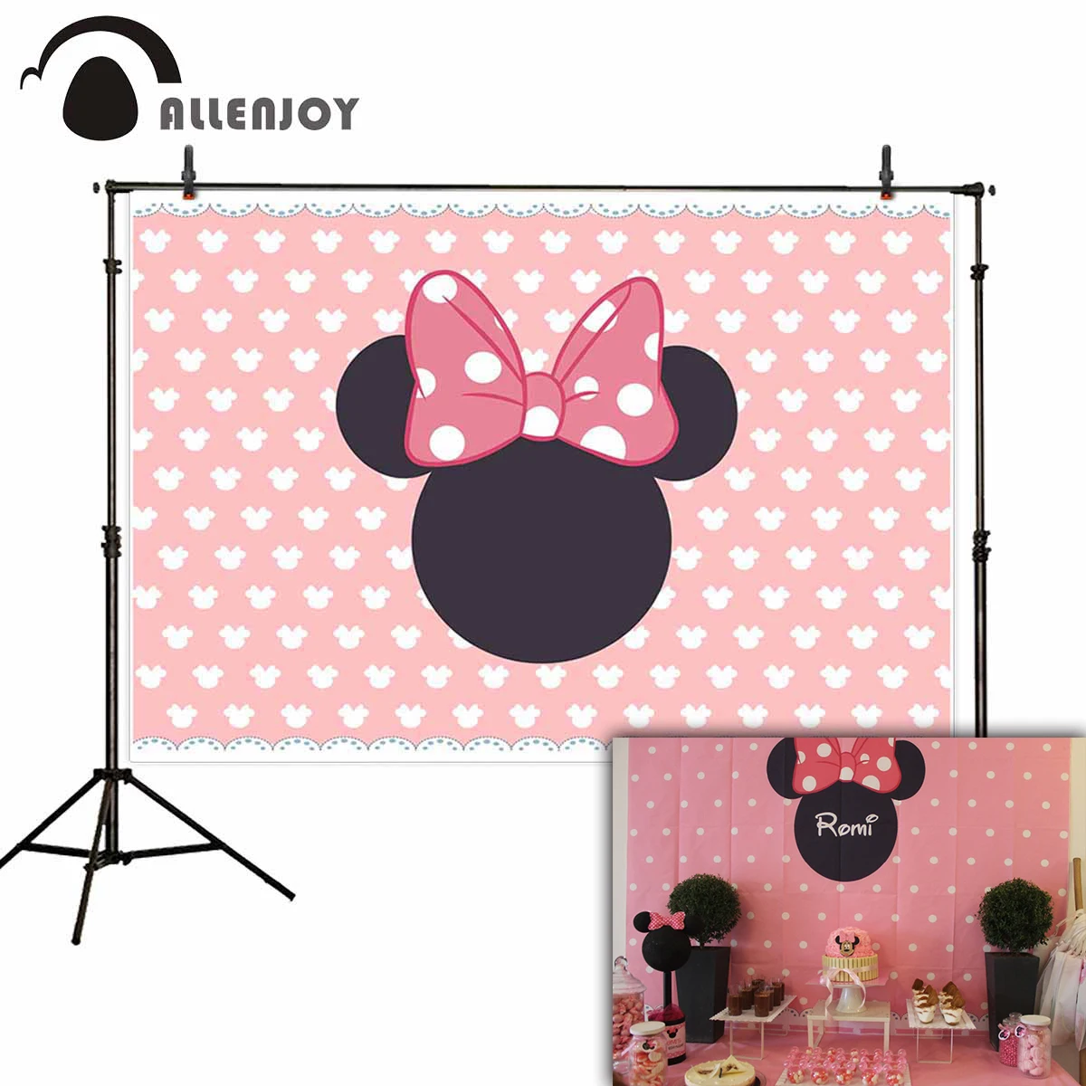 

Allenjoy photographic background Pink princess mouse bow cute birthday backgrounds for photo studio fantasy photography props