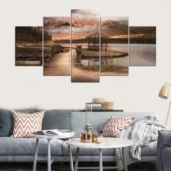 

5 Panels Printed Wall Art Pictures Poster Living Room Home Decor Mountain Lake Bridge Modern Canvas Paintings No Framed