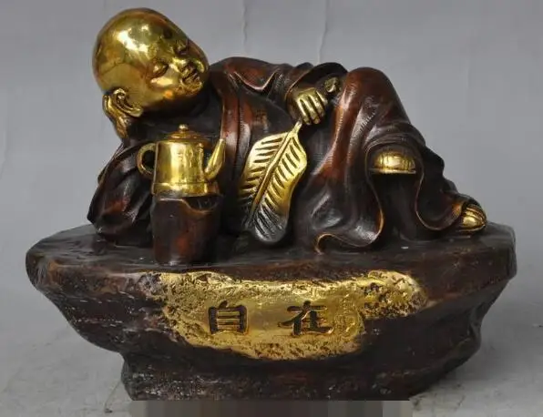 

S05946 10"old chinese buddhism pure bronze gilt Freedom Buddhist monk buddha tea statue
