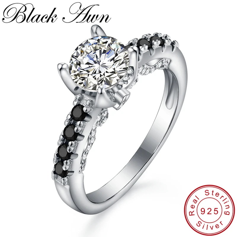 

[BLACK AWN] Vintage Wedding Rings for Women 3.4g 925 Sterling Silver Jewelry Black Spinel Engagement Ring Bague C255