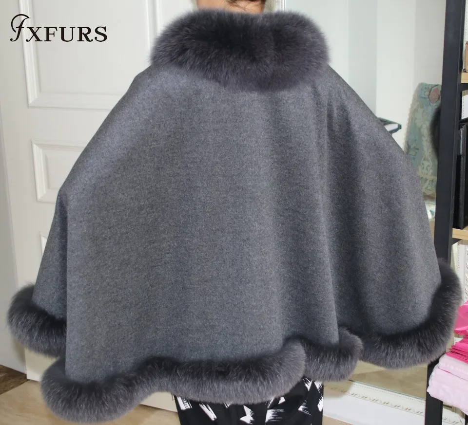 FXFURS новая кашемировая шаль с натуральным пончо с мехом лисы дамские свободные размеры роскошные меховые брендовые шали и шарфы женские кейпы