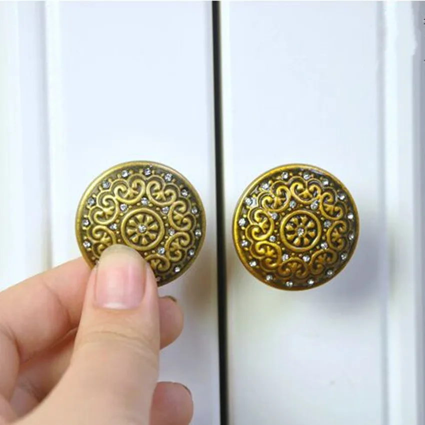 

6.3" Retro rhinestone dresser kitchen cabinet door handles yellow bronze drawer cupboard pulls knobs glass crystal knobs 128mm