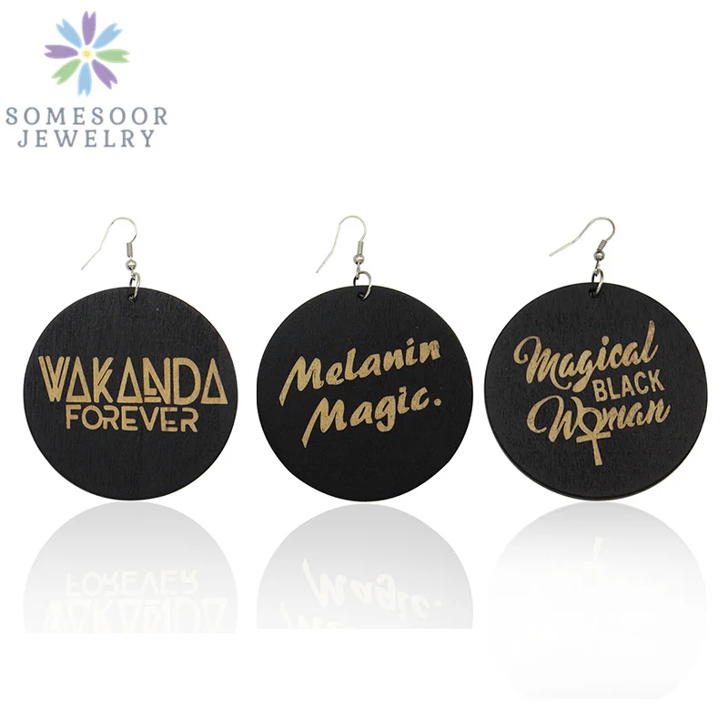 

SOMESOOR Engraving African Wood Drop Earrings Melanin Magic Black Woman Live Matters WAKANDA Designs For Women Gifts 6 Pairs