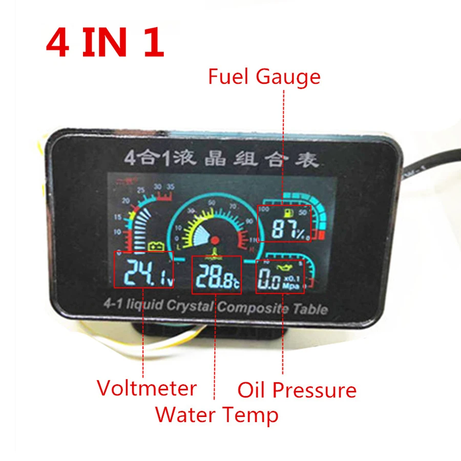 

4 In 1 LCD 12v/24v Excavator Truck Car Oil Pressure Voltmeter Volt Water Temperature Oil Fuel Gauge With 10mm temperature sensor