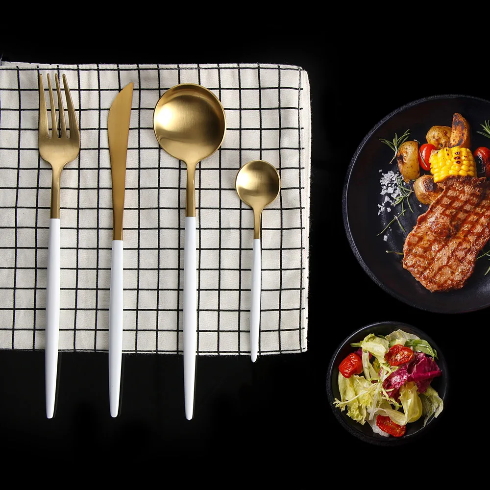 

1PCS Matte White Gold Stainless Steel Cutlery Western Steak Knife Fork Dinner Utensils Kitchen Accessories