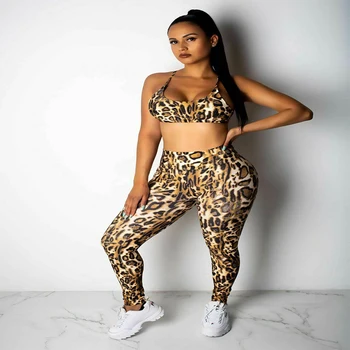 

Womens Sport Gym Leopard Spaghetti Strap Backless Vest Bra Legging Pants Ladies 2Pcs Tracksuit Leopard Outfit Wear Set