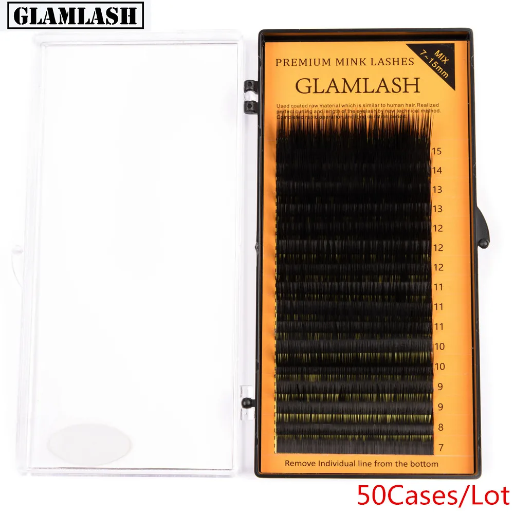 

GLAMLASH 50Cases/Lot L Curl 7~15mm MIX 16rows/case Mink Eyelash Extension,L Curl Individual Eyelashes,L Lashes,L False Eyelashes