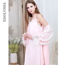 Розовый халат платье осенний комплект Винтаж Для женщин пижамы сексуальный пеньюар неглиже комплект Ночная одежда хлопок халат ночная