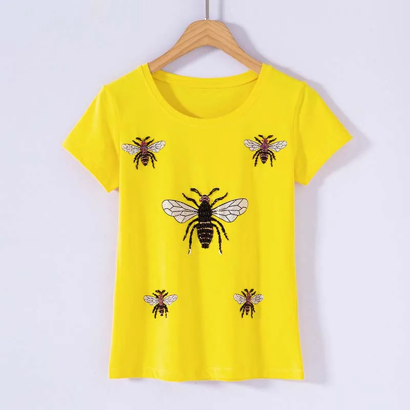 Новое поступление модные летние футболки Роскошные Бисероплетение бриллианты Декор пчелы футболки женские универсальные модные хлопковые топы пуловеры SY1978 - Цвет: Yellow