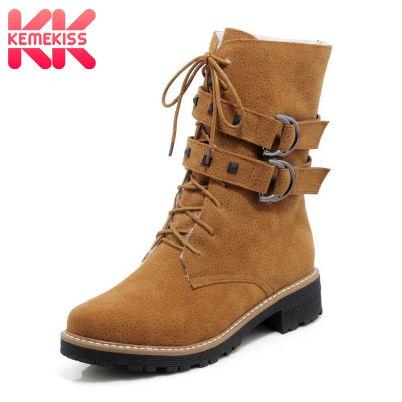 

KemeKiss Vintage Women High Heels Boots Rivet Zipper Thick Fur Shoes Women Winter Mid Calf Snow Boots Lady Shoes Size 33-43