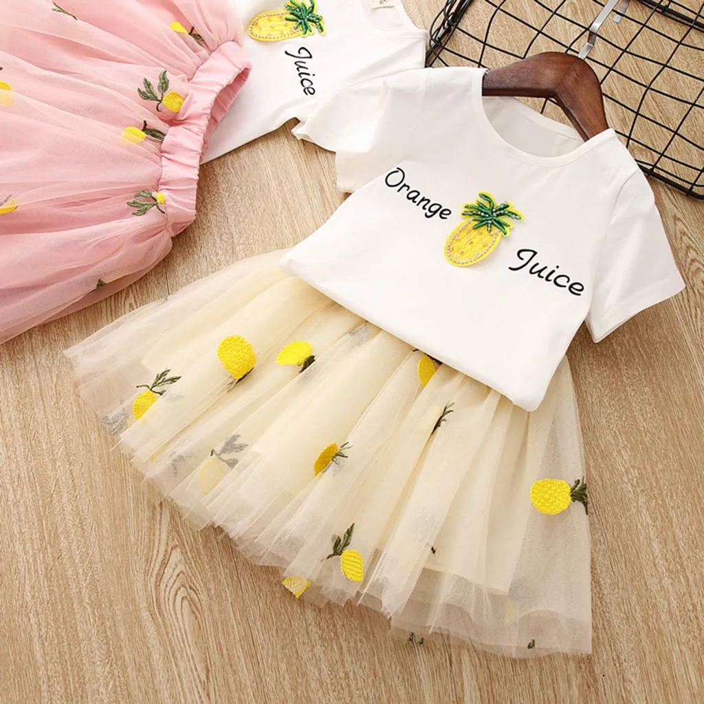 

Summer 2019 Cotton Casual Kid Girls Outfits O-Neck Regular Short Sleeve Fruit Print Clothes And Skirt Cute Toddler Girl Set