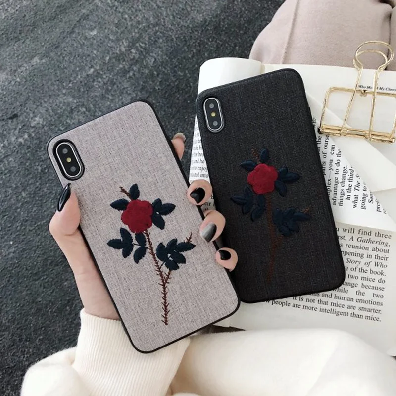 3D с вышитыми цветами розы чехол для iPhone X XR XS Max ткань ПУ + Мягкий ТПУ Силиконовые