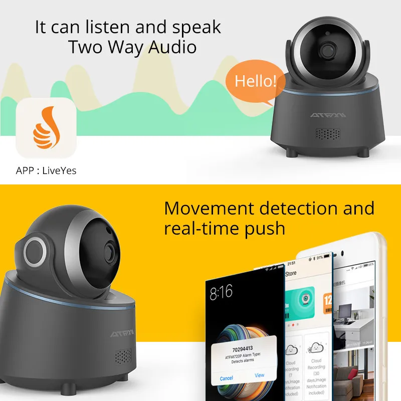 ATFMI T8 WIFI Wireless IP Camera Home Security Camera Baby/Shop Monitor with Two-way Audio Motion DetectionServeillance Camera