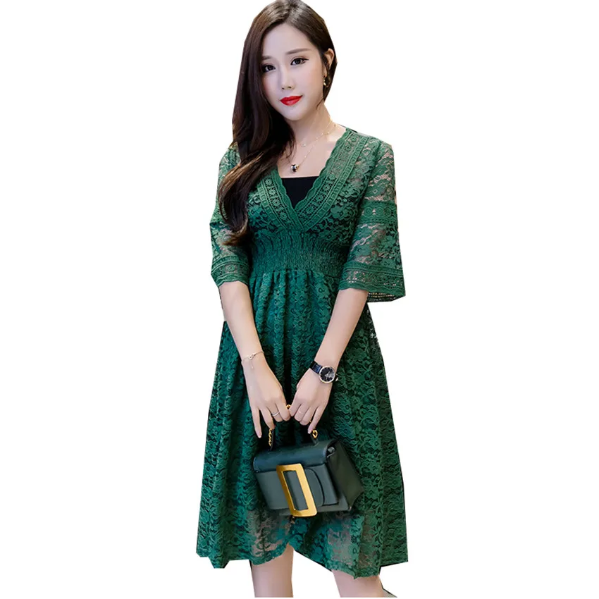 

2018 New Spring Women V-Neck Lace Dresses Summer Two Piece Mesh hollow out Dress + Wrap Chest Midi Long Lady Dress Vestidos 376