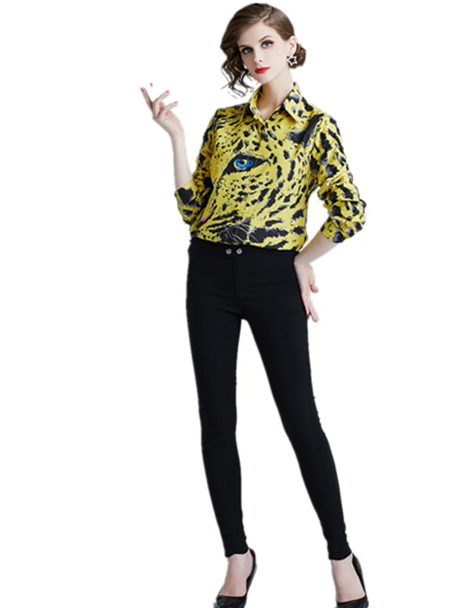 

Women Fashion Casual Slim Office Shirt Tops 2019 Summer Newest Ladies Long Sleeve Single-breasted Yellow Printed Blouses XL