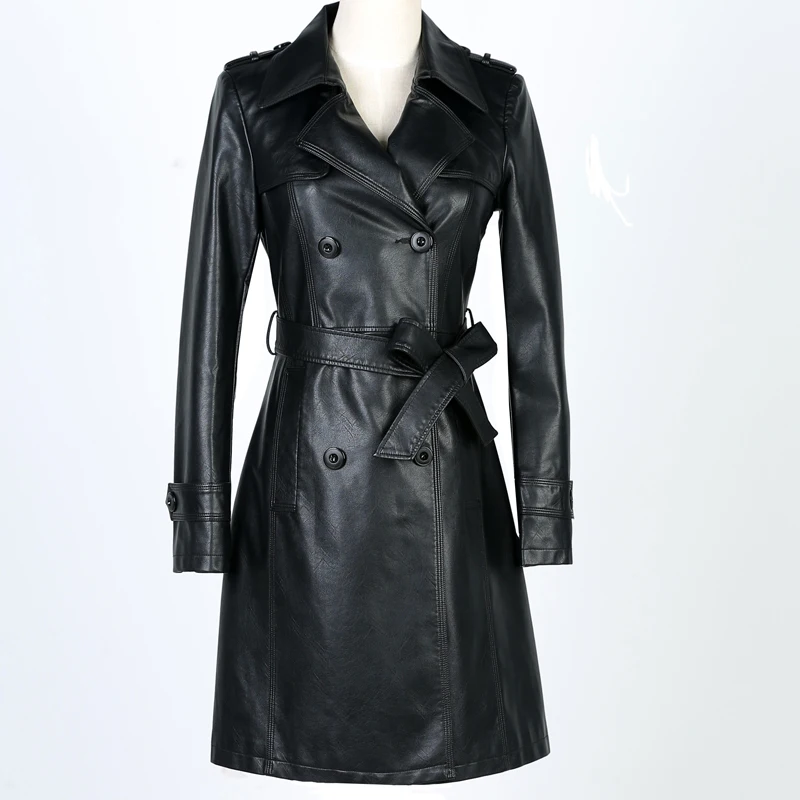 Женская моющаяся куртка из ПУ кожи элегантная длинная Тренч мягкой Осень зима