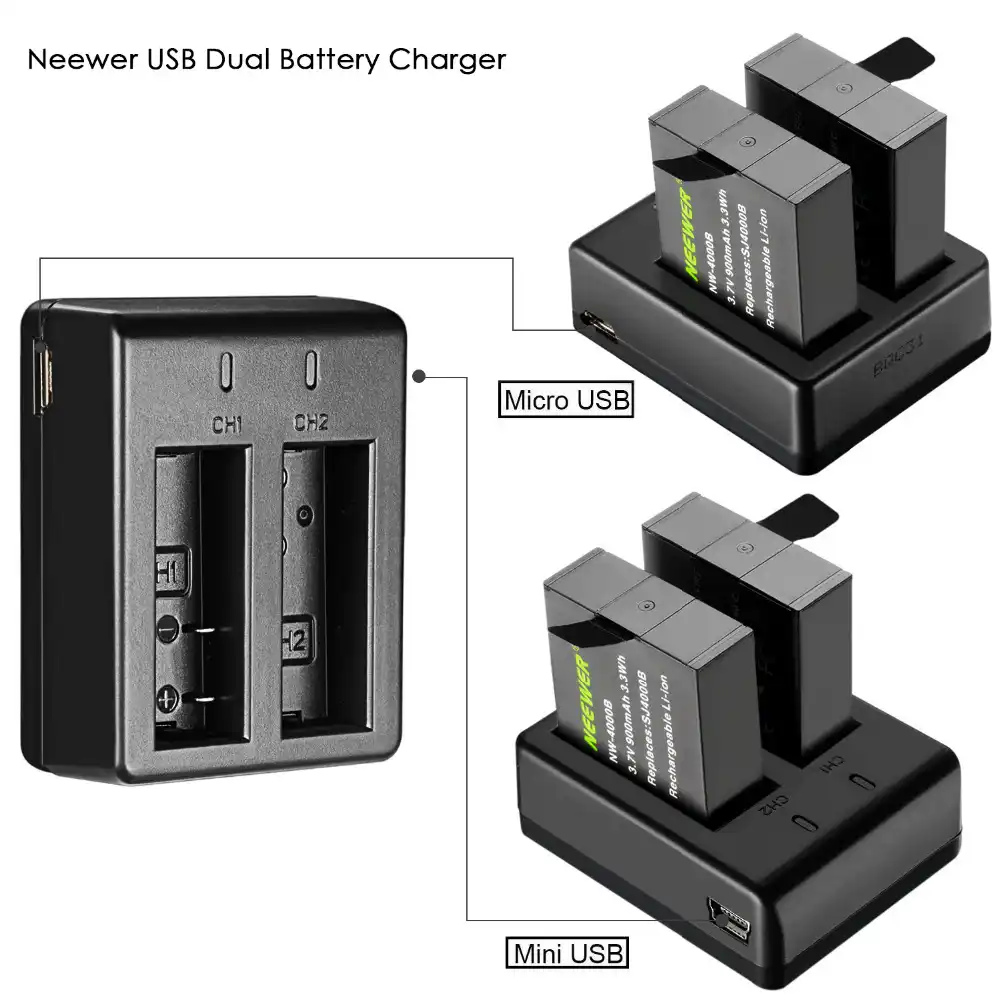 Neewer 3 pcs 900mAh Batteries Rechargeables pour Caméra d'Action avec Chargeur 