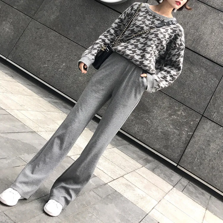 

Broad-legged Pants Women High Waist Micro-rake Floor Trousers Loose Large Size Sports Leisure Straight Women Trousers 2019