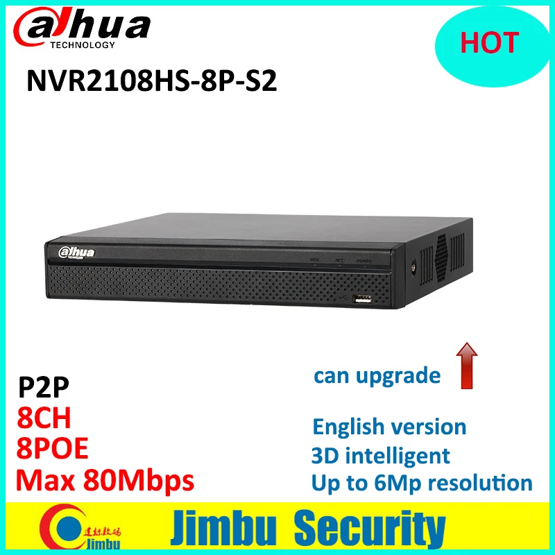 Dahua POE NVR NVR2108HS-8P-S2 8 channel 8PoE Smart 1U Lite  Video Recorder H.264+/H.264 Up to 6Mp Max 80Mbps can be upgraded 