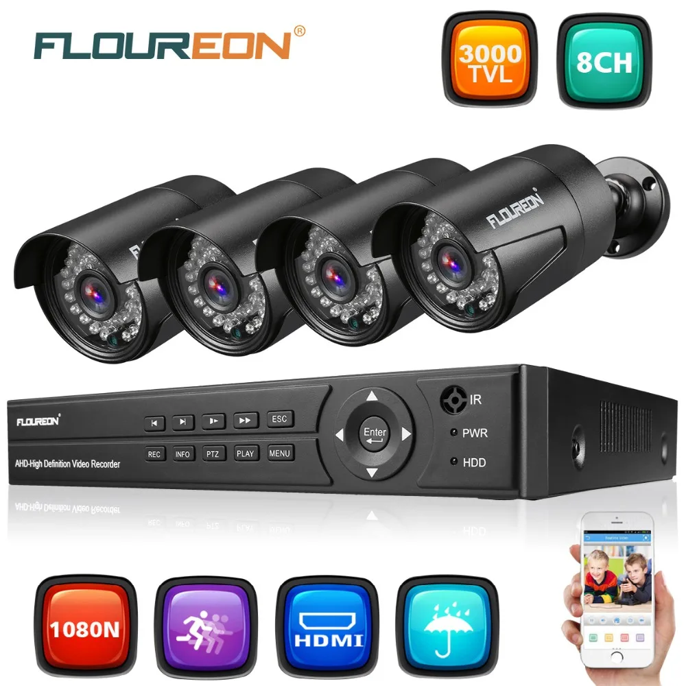 Floureon системы видеонаблюдения 8CH 5in1 1080N AHD DVR 4 шт. открытый 3000TVL 1080 P 2.0MP комплект камер видеонаблюдения ЕС