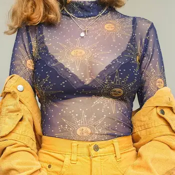 

2019 Fashion Sexy Women Rave Clothes Perspective T-Shirt Long Sleeve Tight Short Tops Sun Printing Bar DS DJ Costume VDB325
