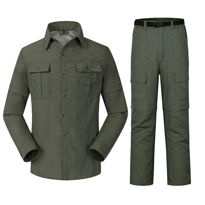 Мужская быстросохнущая Съемная дышащая походная рубашка и брюки весна лето комплект одежды для улицы ветрозащитная УФ Защита Одежда RM046 - Цвет: Army Green