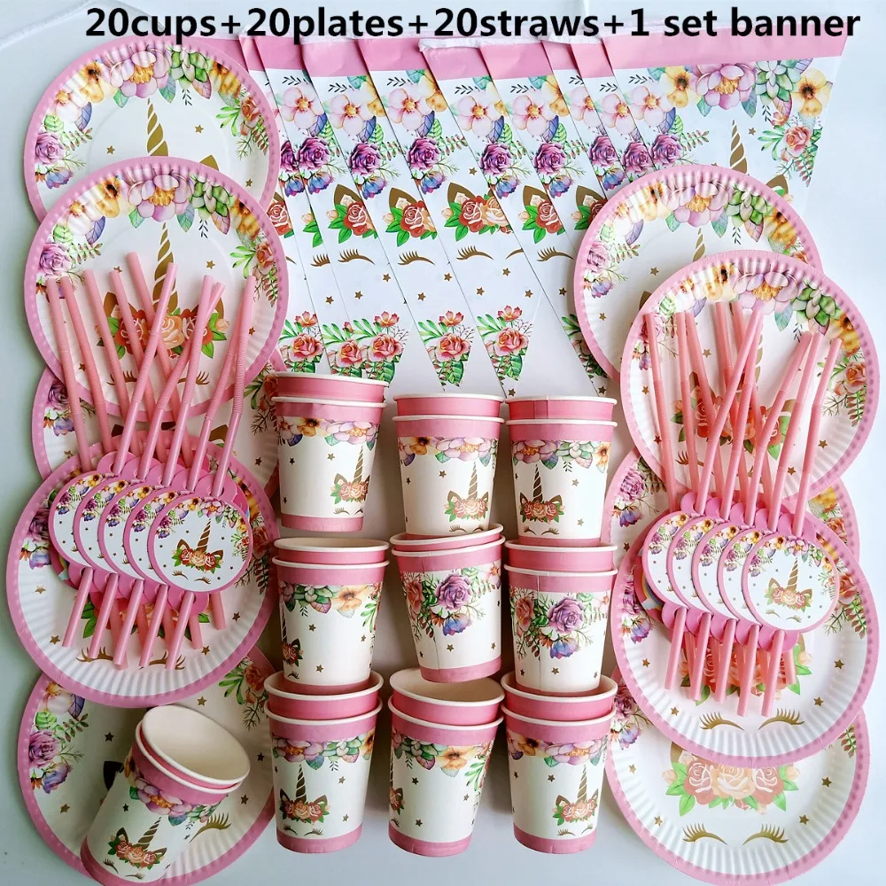 

61pcs 20 person happy birthday kids unicorn baby boy shower party decoration set banner table cloth straws cup plates supplier