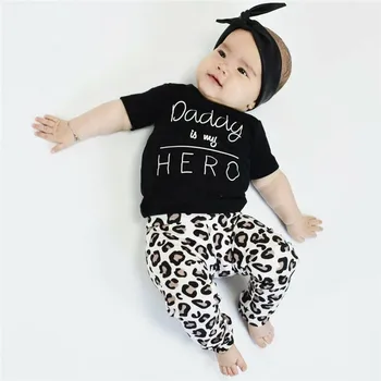 

Infant Newborn Toddler Kid Baby Girls Summer Short Sleeve O-Neck T-shirt Leopard Pants Headband 3Pcs Clothes Set Outfits Costume