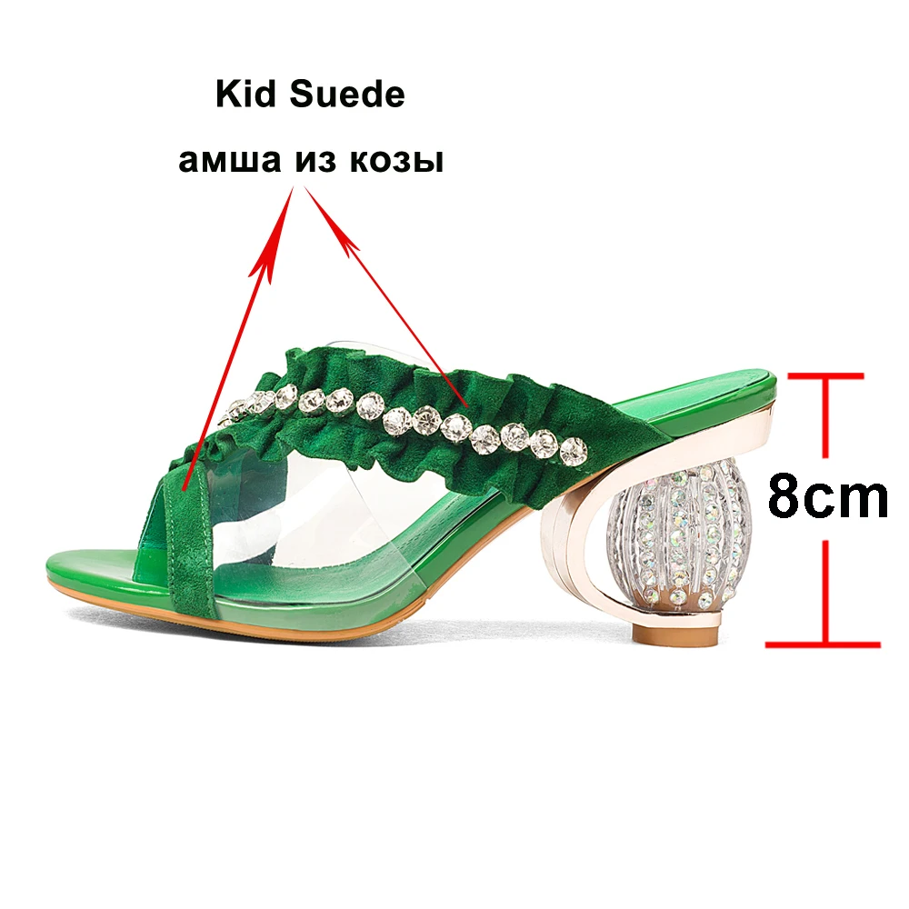 Meotina/Летняя обувь; женские шлепанцы; стразы; необычный стиль; обувь на высоком каблуке; прозрачные шлепанцы с открытым носком; женские босоножки; Цвет зеленый; 39