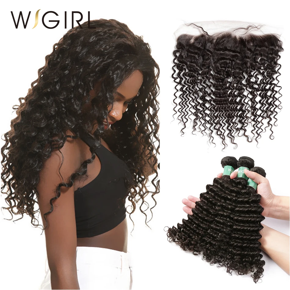 

Wigirl Hair Deep Wave 8- 28 Inch 3 Bundles Brazilian Remy Human Hair Bundles With 13x4 Lace Frontal Free Part Ear to Ear