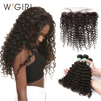 

Wigirl Hair Deep Wave 8- 28 Inch 3 Bundles Brazilian Remy Human Hair Bundles With 13x4 Lace Frontal Free Part Ear to Ear