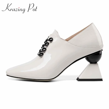 

Krazing pot 2019 new full grain leather strange style high heels office lady original design career square toe lace up pumps L82