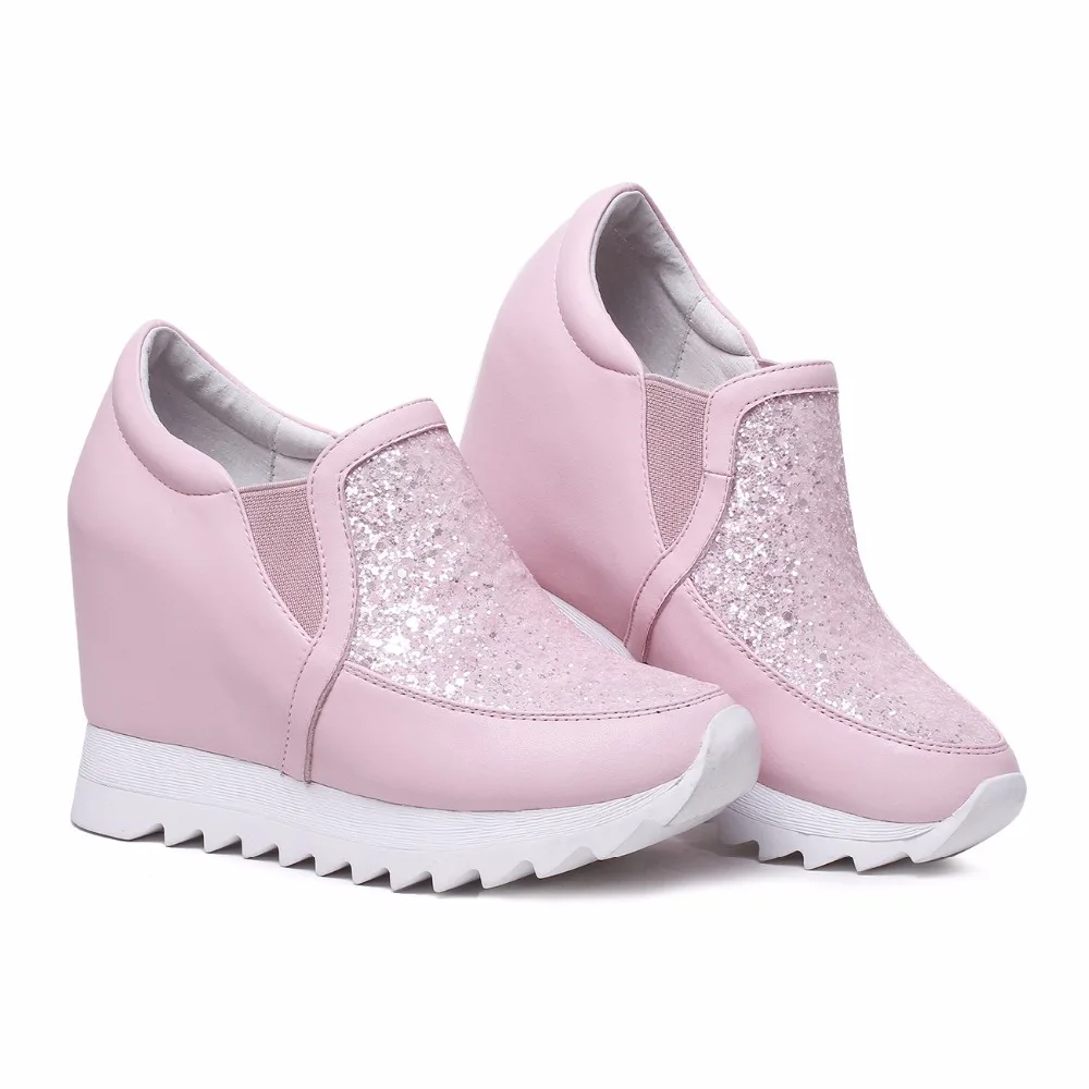 Plate Cuir Sur Coins Hauteur 10 Chaussures forme Slip Bling 2018 Pour Femme Casual Loisirs Véritable En Printemps pink black Nouvelle Accrue Cm White 4xwzXqSf